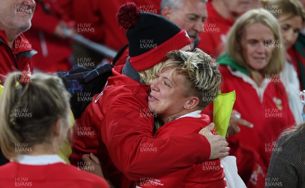 091022 - Wales v Scotland, Women’s Rugby World Cup 2021 Pool A - Donna Rose of Wales celebrates with family and friends after the last gasp win