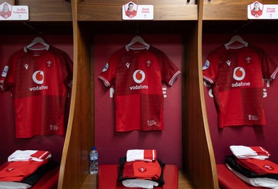110426 - Wales v Scotland, Guinness Women’s 6 Nations - Jorja Aiono’s Wales match jersey hangs in the changing room ahead of her debut
