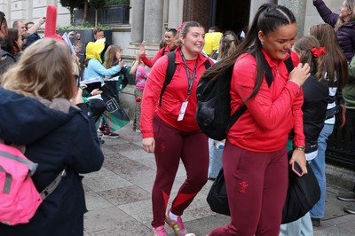 110426 - Wales v Scotland, Guinness Women’s 6 Nations - Wales players are greeted by fans as they leave the hotel for the stadium