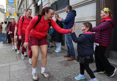 110426 - Wales v Scotland, Guinness Women’s 6 Nations - Wales players are greeted by fans as they leave the hotel for the stadium
