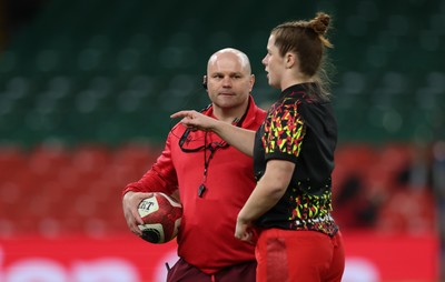 110426 - Wales v Scotland, Guinness Women’s 6 Nations -Sean Lynn, Wales Women head coach and Kate Williams of Wales during warm up