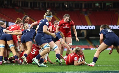 110426 - Wales v Scotland, Guinness Women’s 6 Nations - Kelsey Jones of Wales powers over to score try