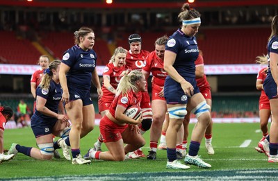 110426 - Wales v Scotland, Guinness Women’s 6 Nations - Kelsey Jones of Wales powers over to score try