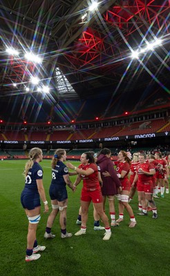 110426 - Wales v Scotland, Guinness Women’s 6 Nations - Players congratulate each other at the end of the match