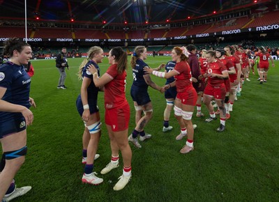 110426 - Wales v Scotland, Guinness Women’s 6 Nations - Players congratulate each other at the end of the match