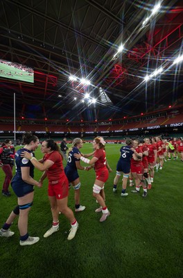 110426 - Wales v Scotland, Guinness Women’s 6 Nations - Players congratulate each other at the end of the match