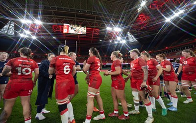 110426 - Wales v Scotland, Guinness Women’s 6 Nations - Players congratulate each other at the end of the match