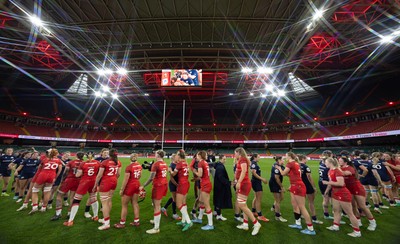110426 - Wales v Scotland, Guinness Women’s 6 Nations - Players congratulate each other at the end of the match