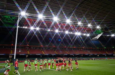 110426 - Wales v Scotland, Guinness Women’s 6 Nations -The Wales team warm up at the Principality Stadium