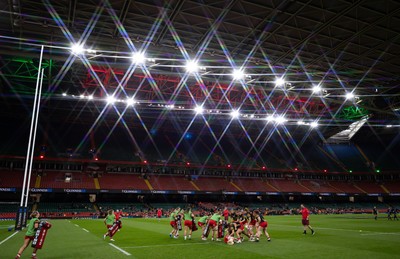 110426 - Wales v Scotland, Guinness Women’s 6 Nations -The Wales team warm up at the Principality Stadium
