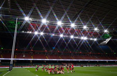 110426 - Wales v Scotland, Guinness Women’s 6 Nations -The Wales team warm up at the Principality Stadium