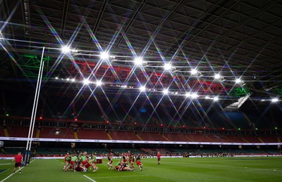 110426 - Wales v Scotland, Guinness Women’s 6 Nations -The Wales team warm up at the Principality Stadium