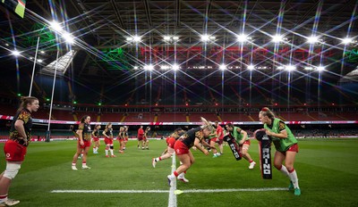 110426 - Wales v Scotland, Guinness Women’s 6 Nations -The Wales team warm up at the Principality Stadium