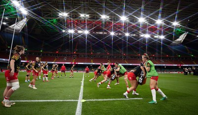 110426 - Wales v Scotland, Guinness Women’s 6 Nations -The Wales team warm up at the Principality Stadium