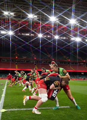 110426 - Wales v Scotland, Guinness Women’s 6 Nations -The Wales team warm up at the Principality Stadium