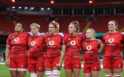 110426 - Wales v Scotland, Guinness Women’s 6 Nations - Wales players, Sisilia Tuipulotu, Donna Rose, Georgia Evans, Hannah Dallavalle, Seren Lockwood and Branwen Metcalfe during the anthem