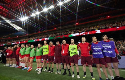 110426 - Wales v Scotland, Guinness Women’s 6 Nations - The Wales management team line up for the anthem 