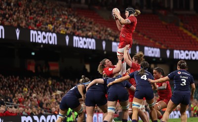110426 - Wales v Scotland, Guinness Women’s 6 Nations - Bethan Lewis of Wales takes the line out ball