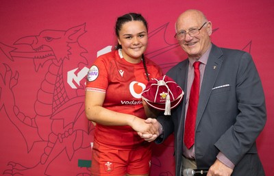 110426 - Wales v Scotland, Guinness Women’s 6 Nations - WRU President Terry Cobner presents Jorja Aiono of Wales with her first cap