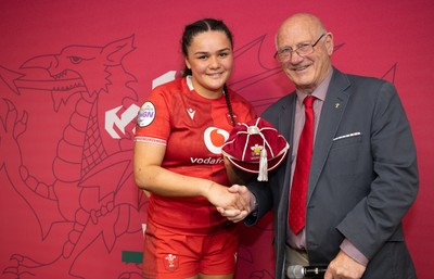 110426 - Wales v Scotland, Guinness Women’s 6 Nations - WRU President Terry Cobner presents Jorja Aiono of Wales with her first cap