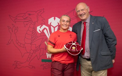 110426 - Wales v Scotland, Guinness Women’s 6 Nations - WRU President Terry Cobner presents Seren Singleton of Wales with her first cap