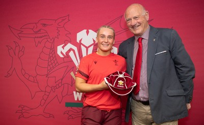 110426 - Wales v Scotland, Guinness Women’s 6 Nations - WRU President Terry Cobner presents Seren Singleton of Wales with her first cap