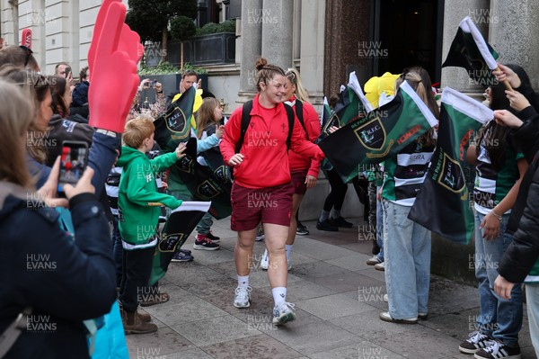 110426 - Wales v Scotland, Guinness Women’s 6 Nations - Wales players are greeted by fans as they leave the hotel for the stadium