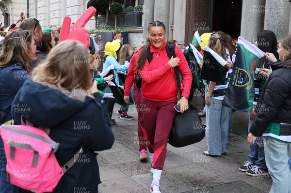 110426 - Wales v Scotland, Guinness Women’s 6 Nations - Wales players are greeted by fans as they leave the hotel for the stadium