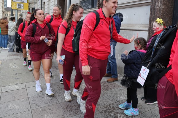 110426 - Wales v Scotland, Guinness Women’s 6 Nations - Wales players are greeted by fans as they leave the hotel for the stadium