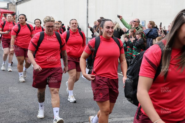 110426 - Wales v Scotland, Guinness Women’s 6 Nations - Wales players are greeted by fans as they leave the hotel for the stadium