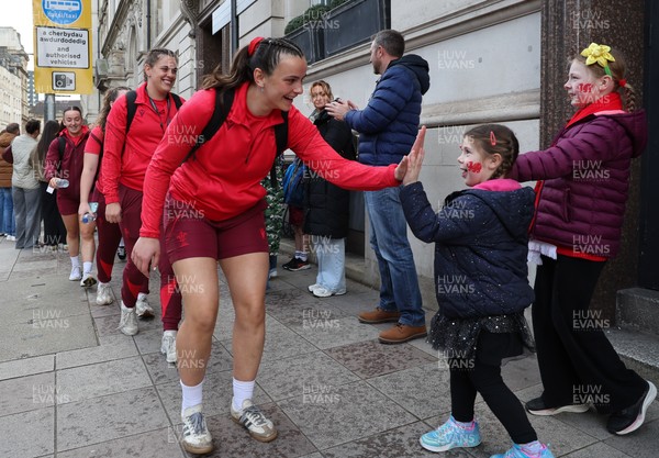 110426 - Wales v Scotland, Guinness Women’s 6 Nations - Wales players are greeted by fans as they leave the hotel for the stadium