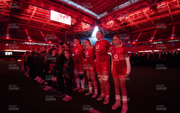 110426 - Wales v Scotland, Guinness Women’s 6 Nations - The Wales Women’s team line up for the anthem
