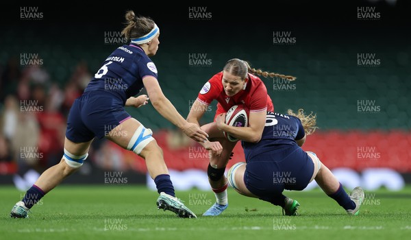 110426 - Wales v Scotland, Guinness Women’s 6 Nations - Carys Cox of Wales is tackled