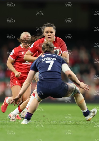 110426 - Wales v Scotland, Guinness Women’s 6 Nations - Jorja Aiono of Wales takes on Alex Stewart of Scotland