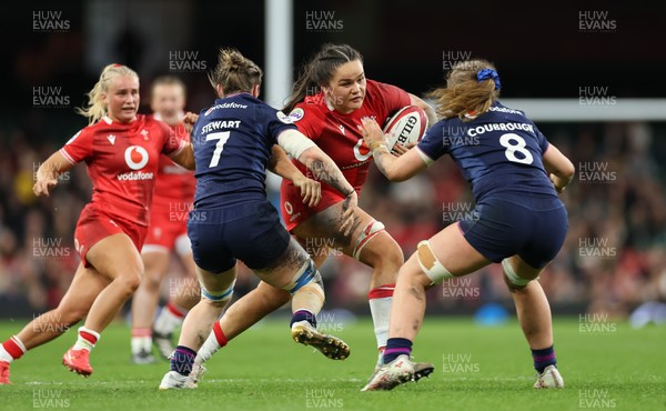 110426 - Wales v Scotland, Guinness Women’s 6 Nations - Jorja Aiono of Wales takes on Alex Stewart of Scotland
