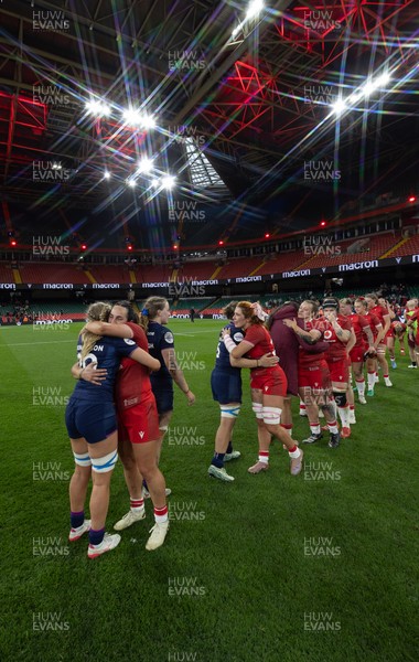 110426 - Wales v Scotland, Guinness Women’s 6 Nations - Players congratulate each other at the end of the match