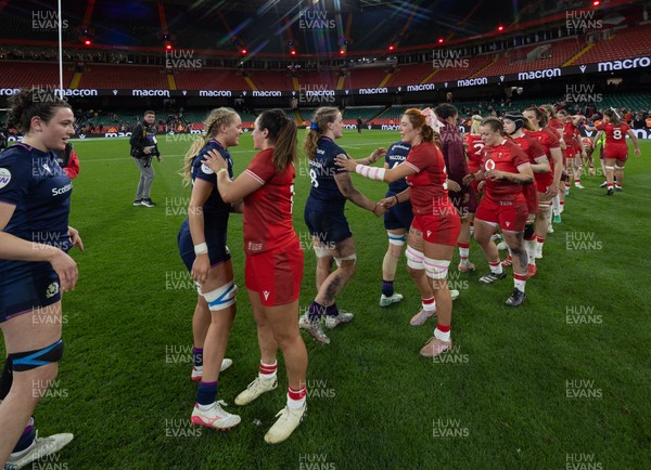 110426 - Wales v Scotland, Guinness Women’s 6 Nations - Players congratulate each other at the end of the match