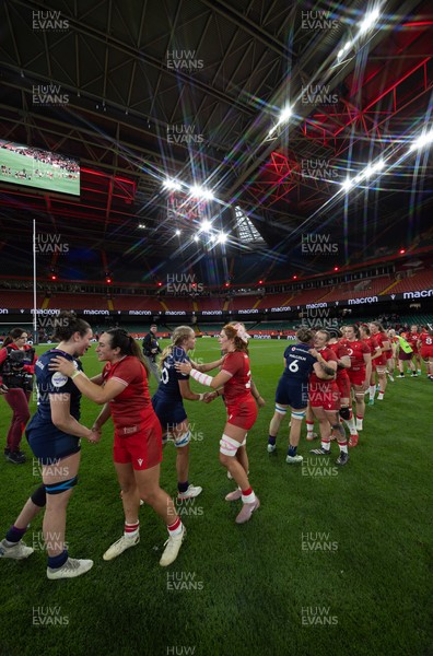 110426 - Wales v Scotland, Guinness Women’s 6 Nations - Players congratulate each other at the end of the match