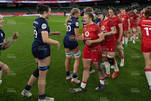 110426 - Wales v Scotland, Guinness Women’s 6 Nations - Players congratulate each other at the end of the match