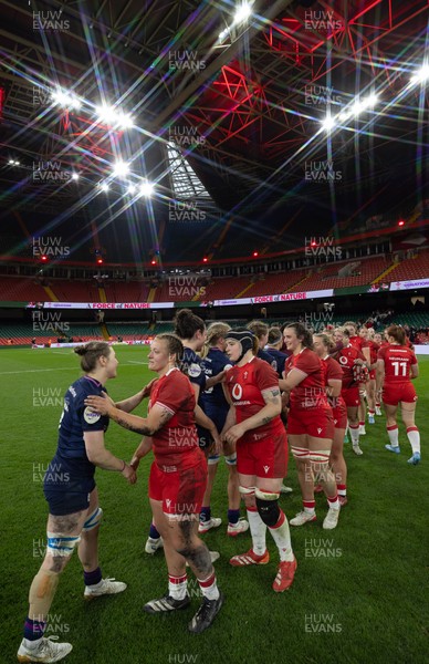 110426 - Wales v Scotland, Guinness Women’s 6 Nations - Players congratulate each other at the end of the match