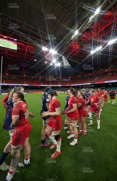 110426 - Wales v Scotland, Guinness Women’s 6 Nations - Players congratulate each other at the end of the match