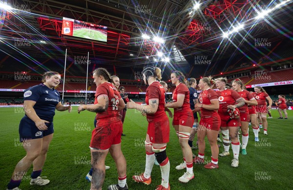 110426 - Wales v Scotland, Guinness Women’s 6 Nations - Players congratulate each other at the end of the match