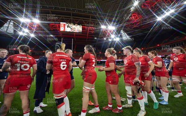 110426 - Wales v Scotland, Guinness Women’s 6 Nations - Players congratulate each other at the end of the match
