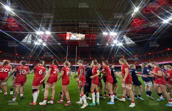 110426 - Wales v Scotland, Guinness Women’s 6 Nations - Players congratulate each other at the end of the match