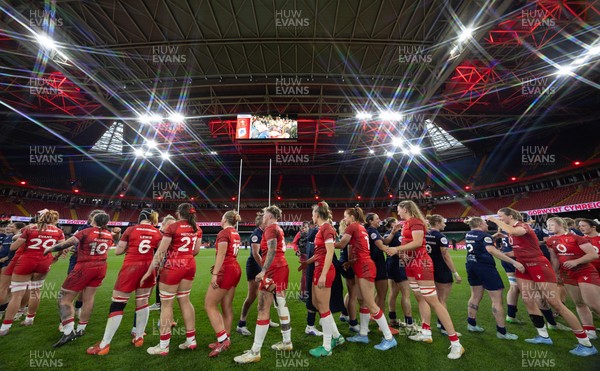 110426 - Wales v Scotland, Guinness Women’s 6 Nations - Players congratulate each other at the end of the match
