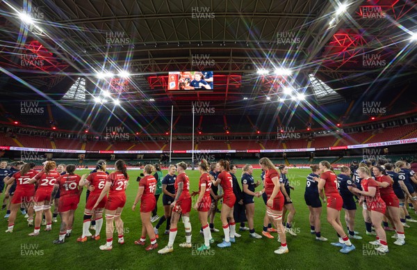 110426 - Wales v Scotland, Guinness Women’s 6 Nations - Players congratulate each other at the end of the match