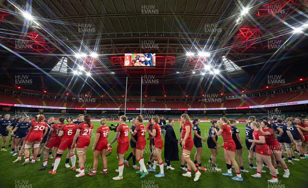 110426 - Wales v Scotland, Guinness Women’s 6 Nations - Players congratulate each other at the end of the match