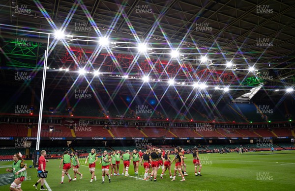 110426 - Wales v Scotland, Guinness Women’s 6 Nations -The Wales team warm up at the Principality Stadium