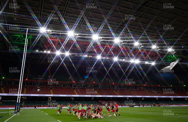 110426 - Wales v Scotland, Guinness Women’s 6 Nations -The Wales team warm up at the Principality Stadium