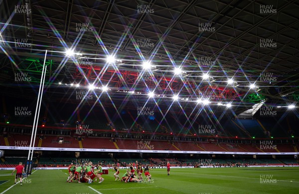 110426 - Wales v Scotland, Guinness Women’s 6 Nations -The Wales team warm up at the Principality Stadium
